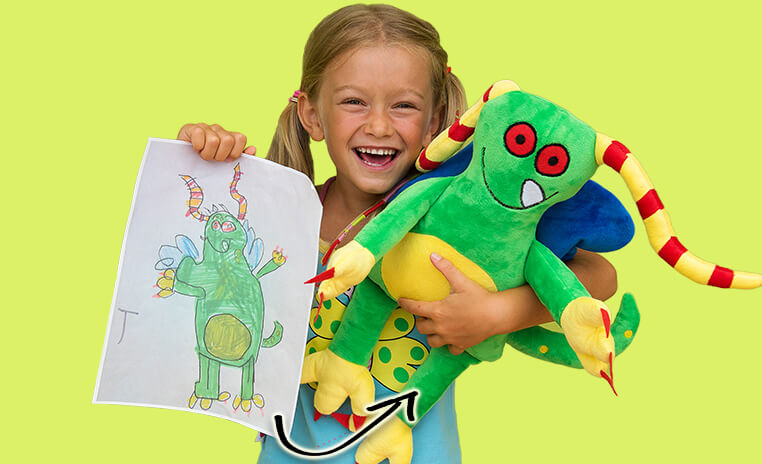 girl holding artwork turned into stuffed animal