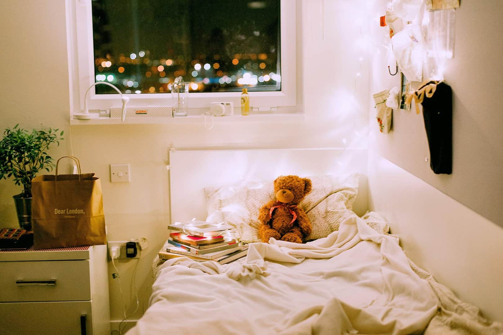 decorating your dorm room with lights and a teddy bear